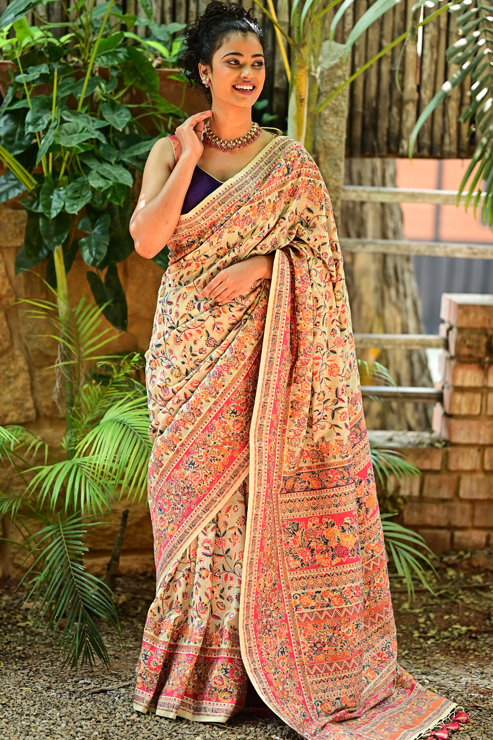 Kani Design with Floral Jaal in Beige and Red Rayon Saree: PRE-ORDER