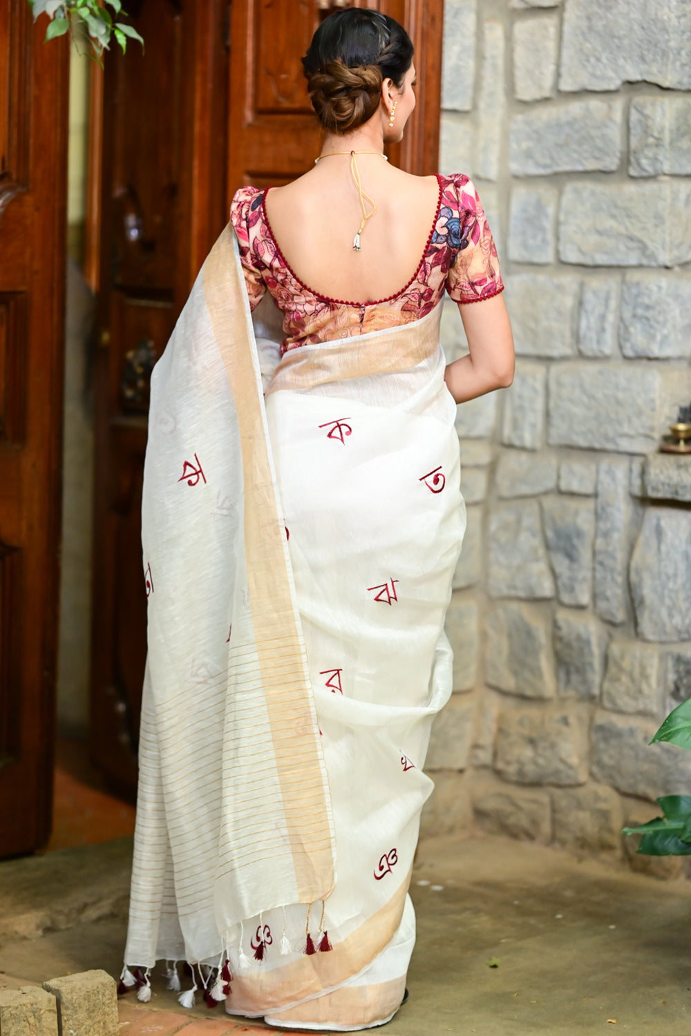 Silk Linen saree  with embroidered Bangla Alphabets