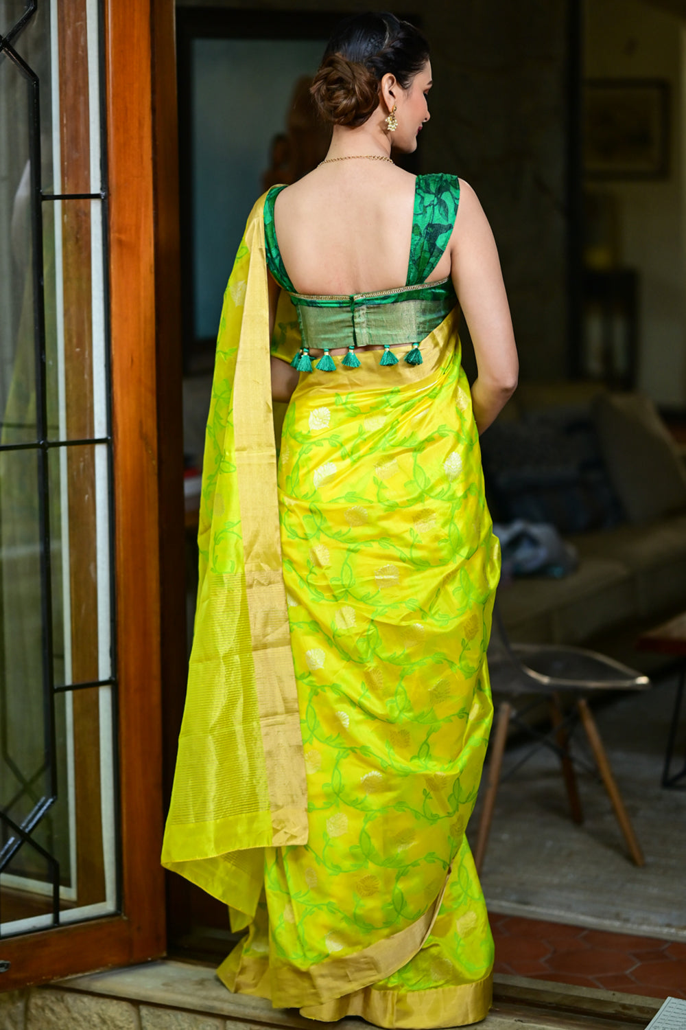 Yellow Pure Chanderi Silk Handwoven Saree with Green all over Meenakari Jaal