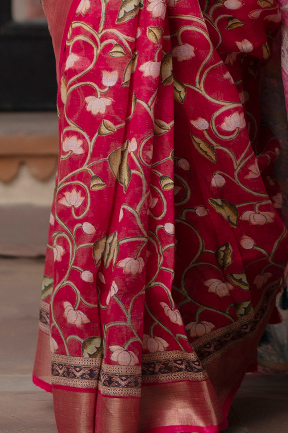 Dark Pink Linen Saree with Pichwai Design Digital Print