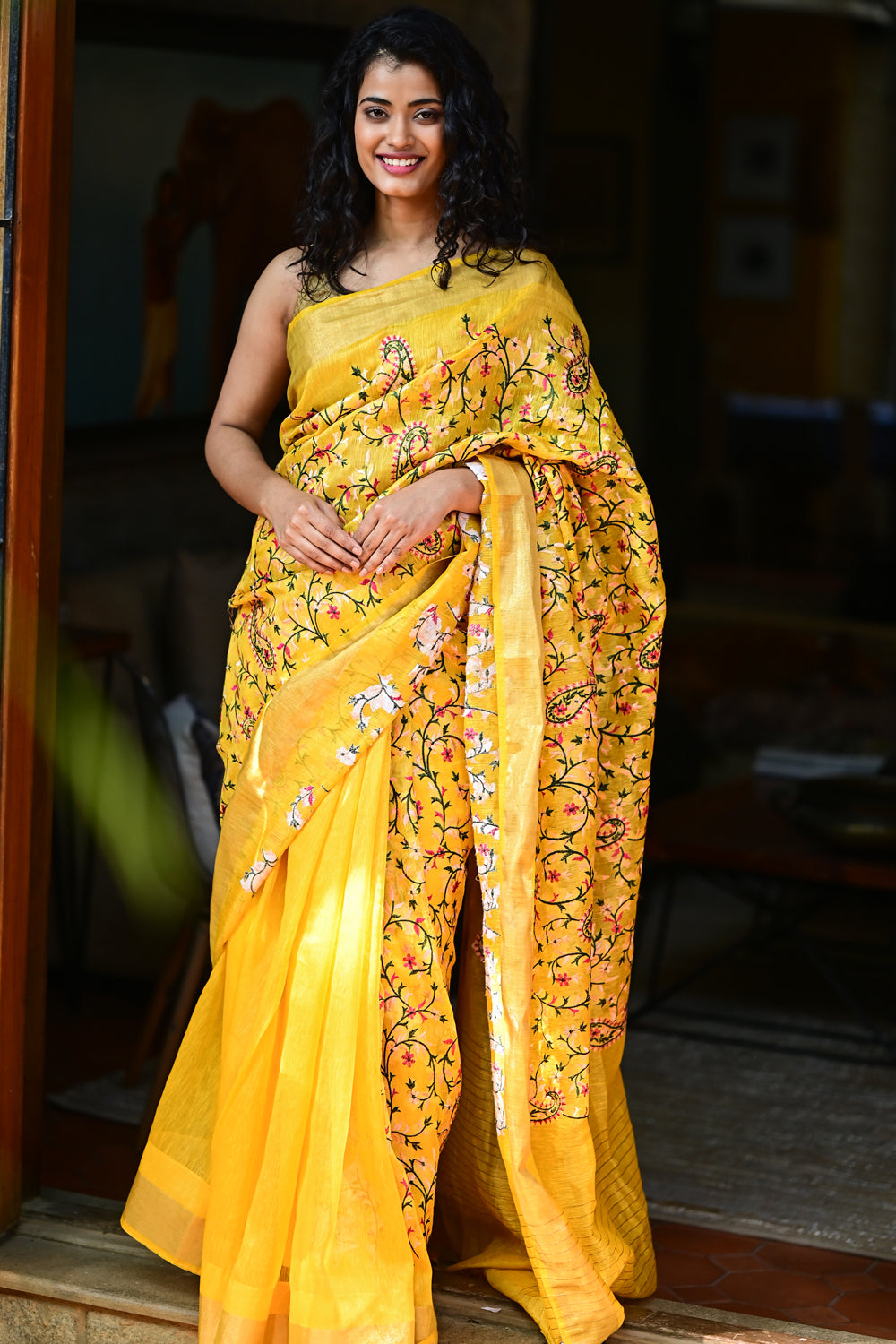 Silk Linen Saree in Yellow with Floral Jaal Embroidery : PRE-ORDER