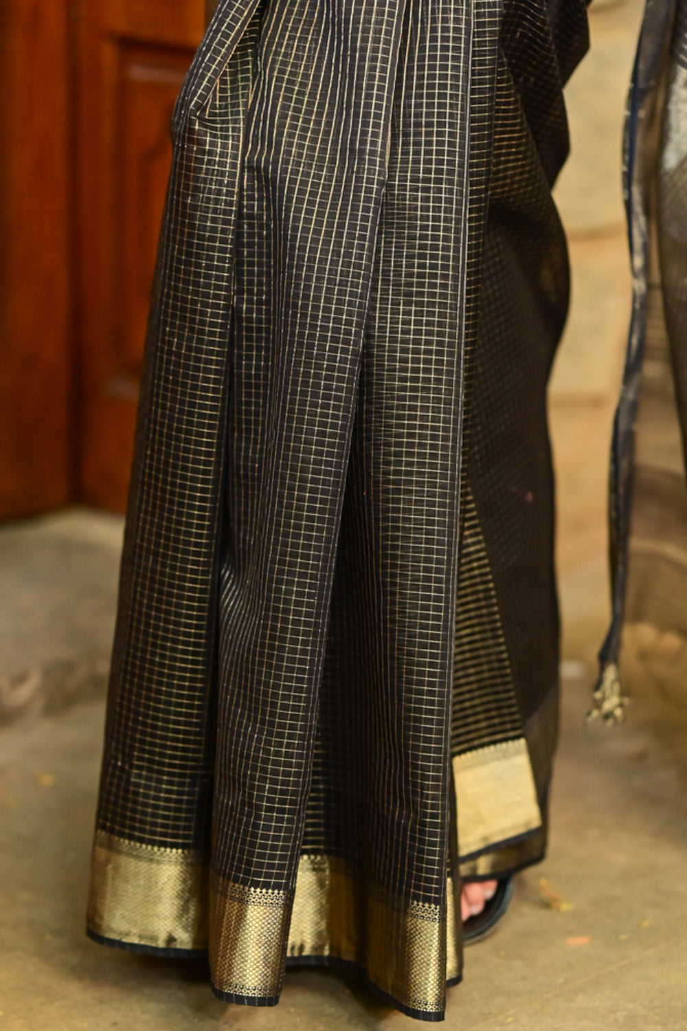 Black Pure Maheshwari Silk Cotton Handwoven saree with Zari checks