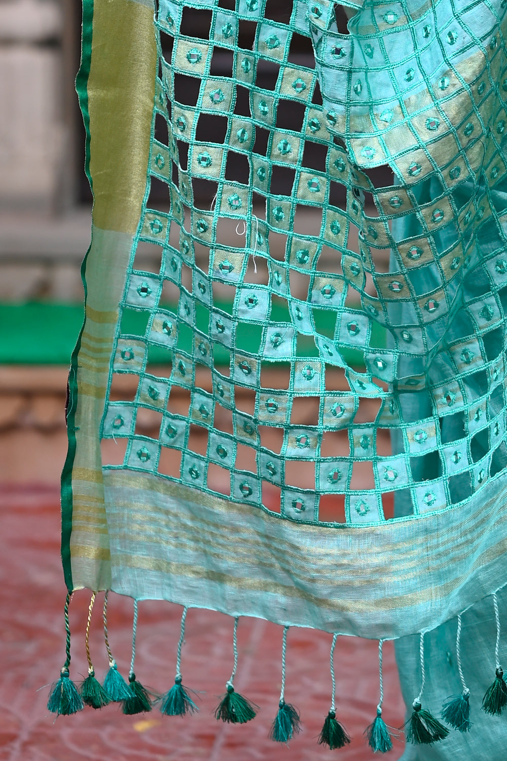 Sea Green Cutwork and Mirrorwork Saree in Linen :PREORDER