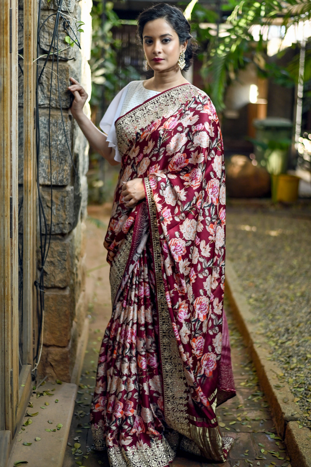 Gajji Silk Saree with Floral Print and Crushed Zari Border in Maroon