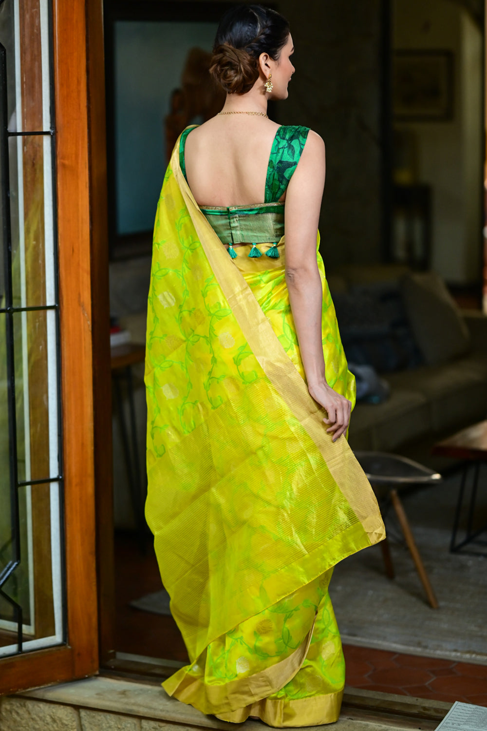 Yellow Pure Chanderi Silk Handwoven Saree with Green all over Meenakari Jaal