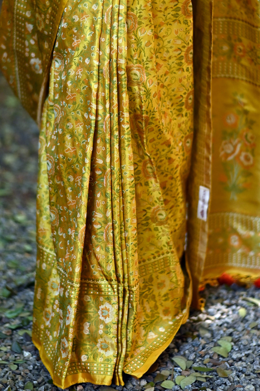 Tanchoi Floral Banarasi Saree in Pure Silk Satin in Mustard Yellow | SILK MARK CERTIFIED