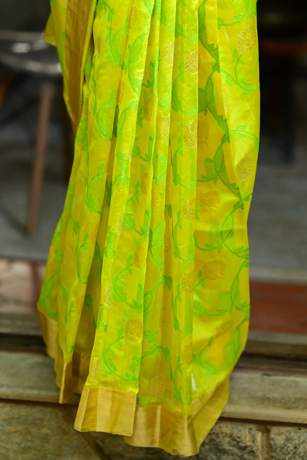 Yellow Pure Chanderi Silk Handwoven Saree with Green all over Meenakari Jaal