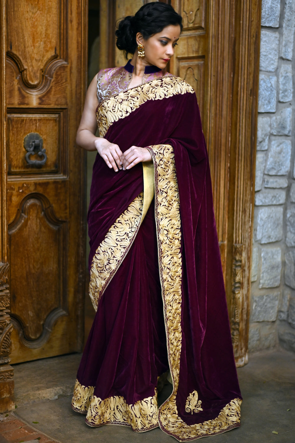 Exquisite Tilla Style work on Burgundy Velvet Saree : PRE ORDER