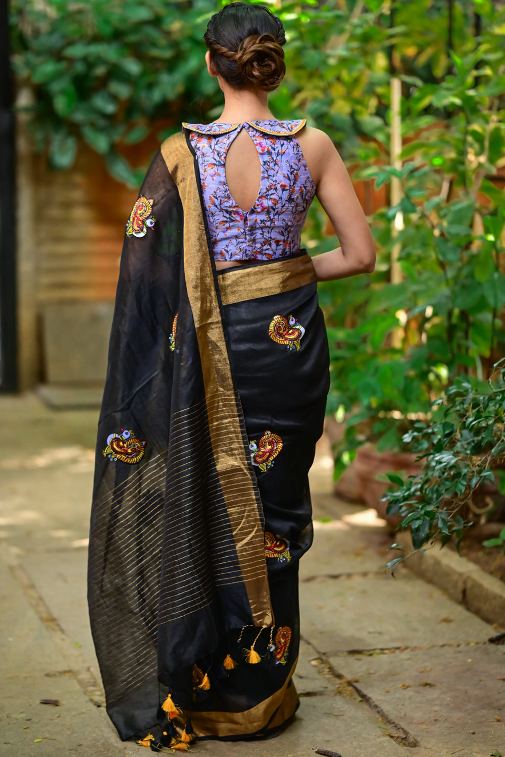 Black Linen Saree with  embroidered Annapakshi