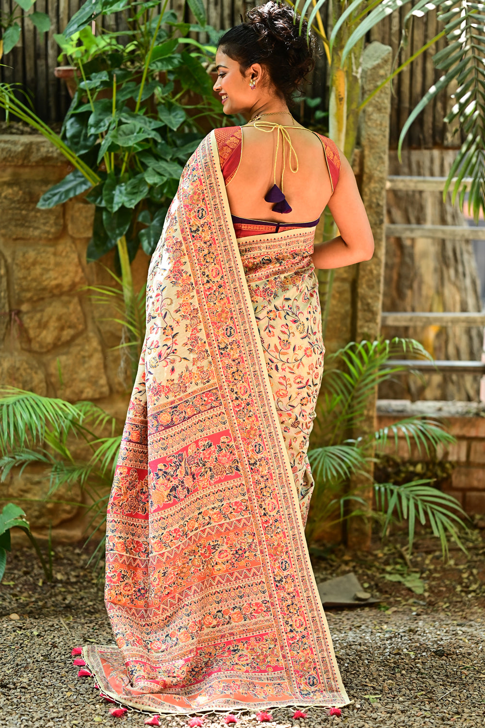 Kani Design with Floral Jaal in Beige and Red Rayon Saree: PRE-ORDER