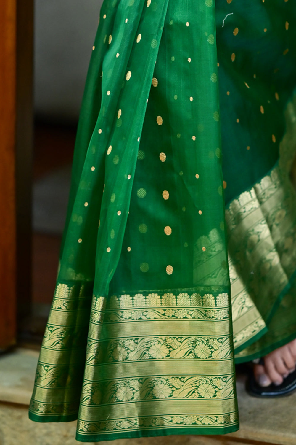 Authentic Emerald Green Chanderi Silk Saree with dense dainty buttas and Wide Zari Buttas - PRE ORDER