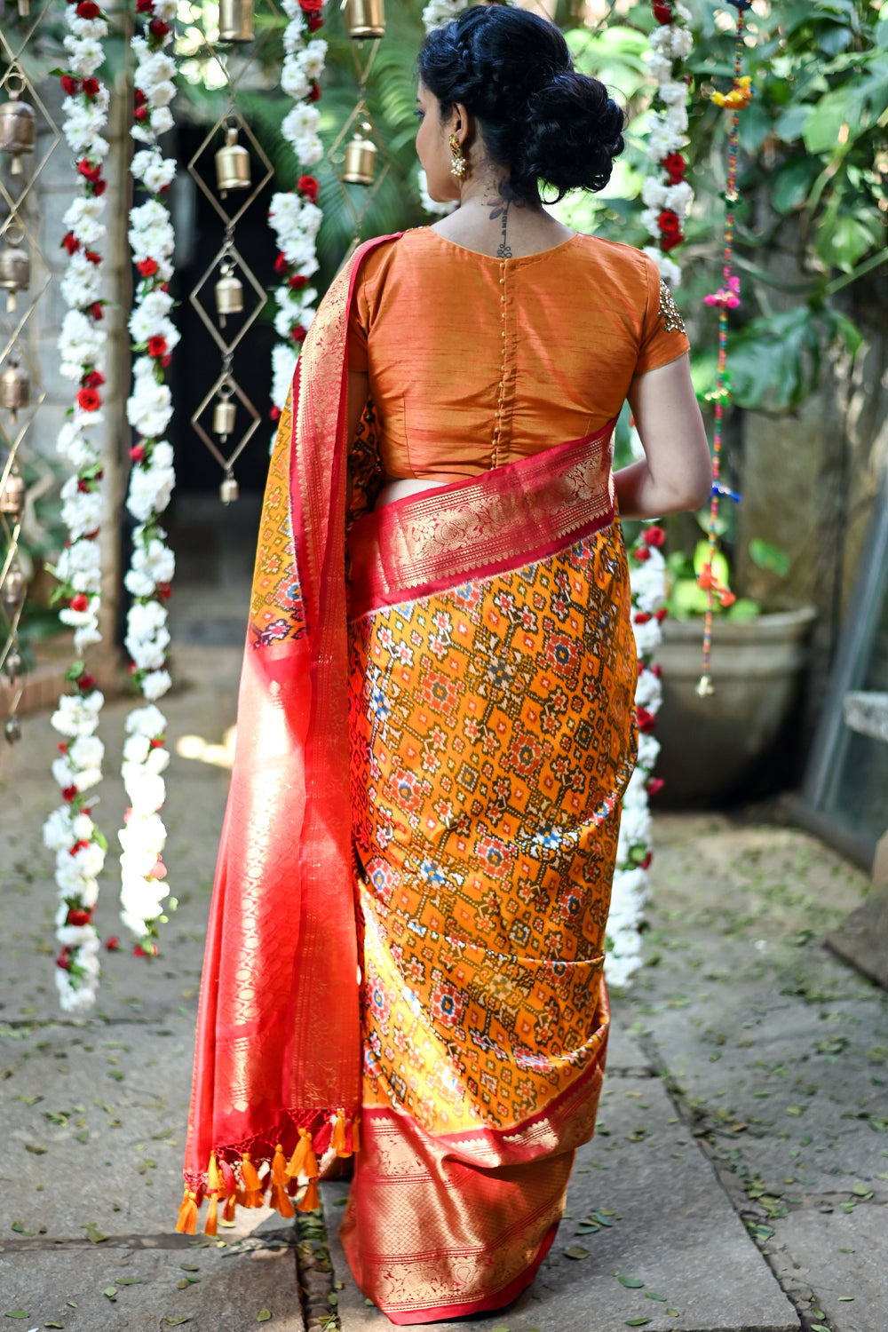 Exquisite Ikkat Patola and Kanjivaram Pure Silk Fusion Saree in Mustard and Red I SILK MARK CERTIFIED
