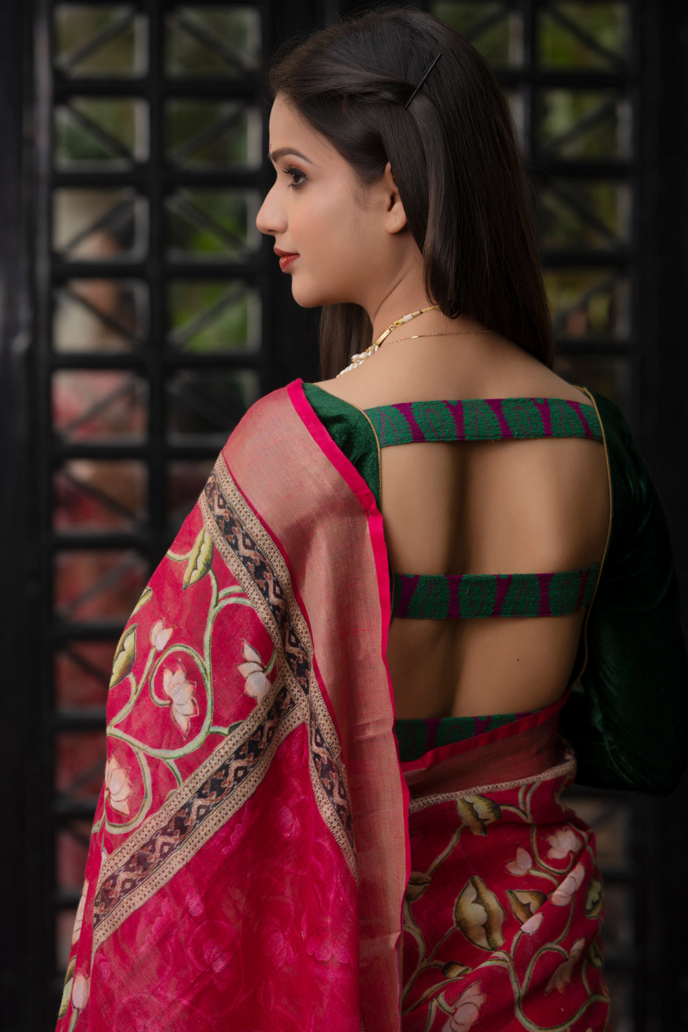 Dark Pink Linen Saree with Pichwai Design Digital Print