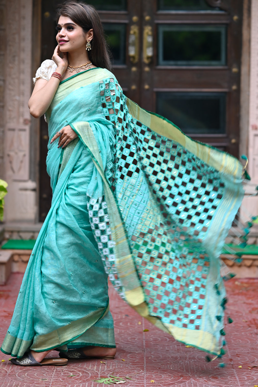 Sea Green Cutwork and Mirrorwork Saree in Linen :PREORDER