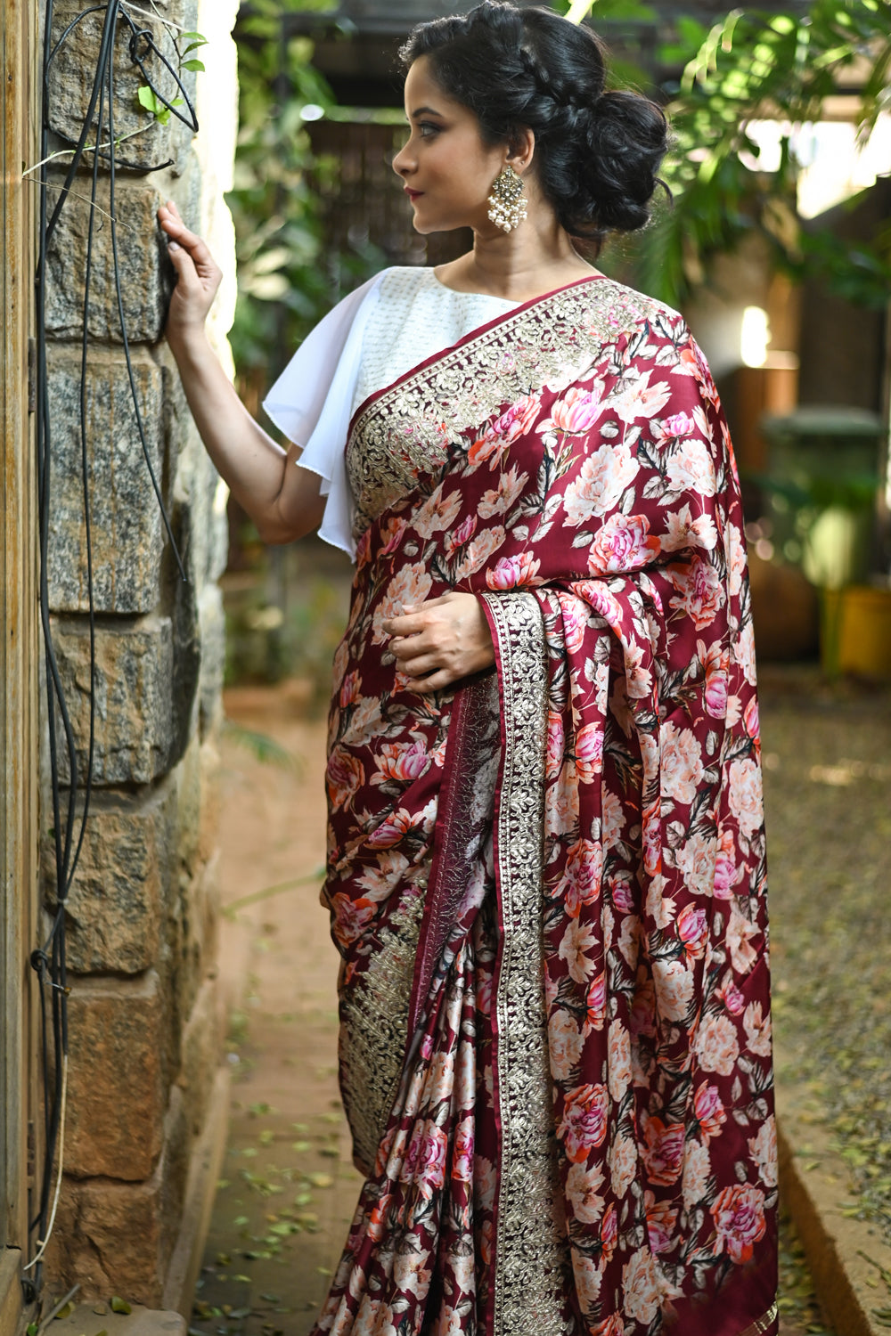 Gajji Silk Saree with Floral Print and Crushed Zari Border in Maroon