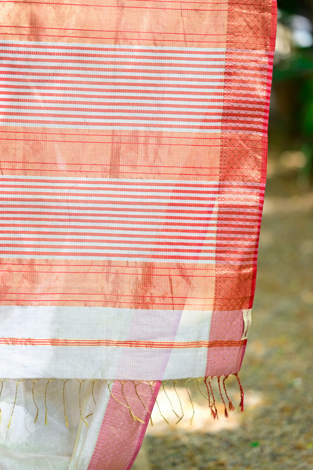 Tissue Stripes on Silk-Cotton Pure Maheshwari Saree in Off White and Soft Red