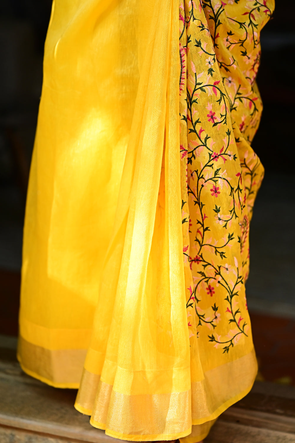 Silk Linen Saree in Yellow with Floral Jaal Embroidery : PRE-ORDER