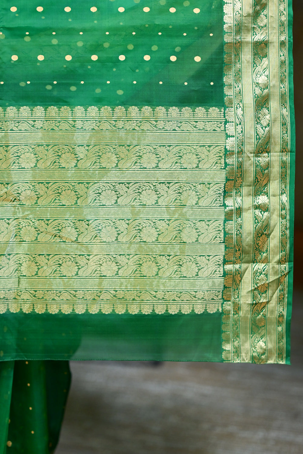 Authentic Emerald Green Chanderi Silk Saree with dense dainty buttas and Wide Zari Buttas - PRE ORDER