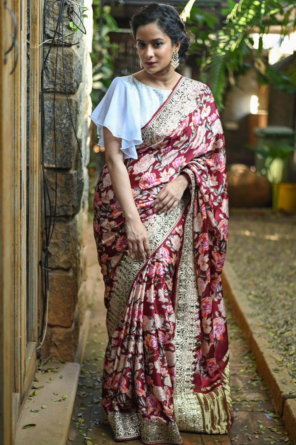 Gajji Silk Saree with Floral Print and Crushed Zari Border in Maroon