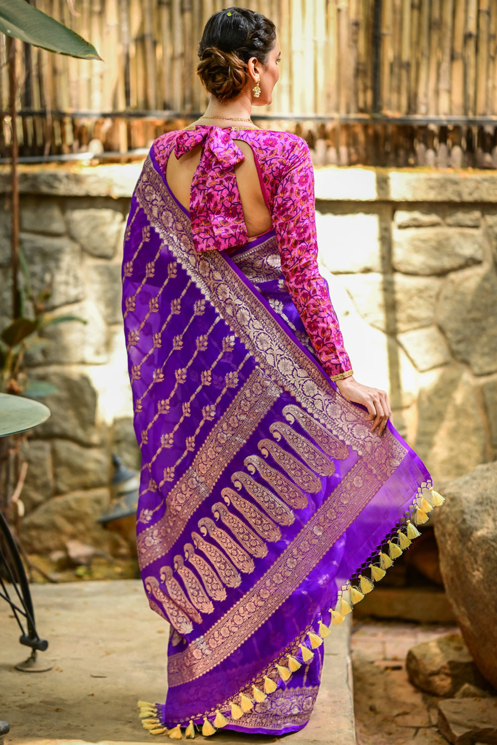 Pure Banarasi Kora Silk Saree in Purple with Vertical Zari lines and Elongated Paisley Pallu/Silk Mark Certified