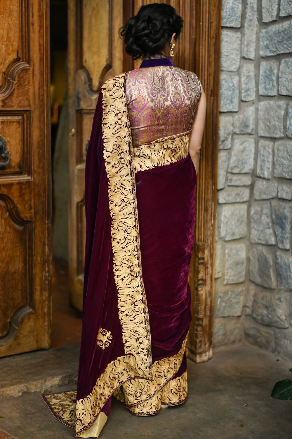 Exquisite Tilla Style work on Burgundy Velvet Saree : PRE ORDER