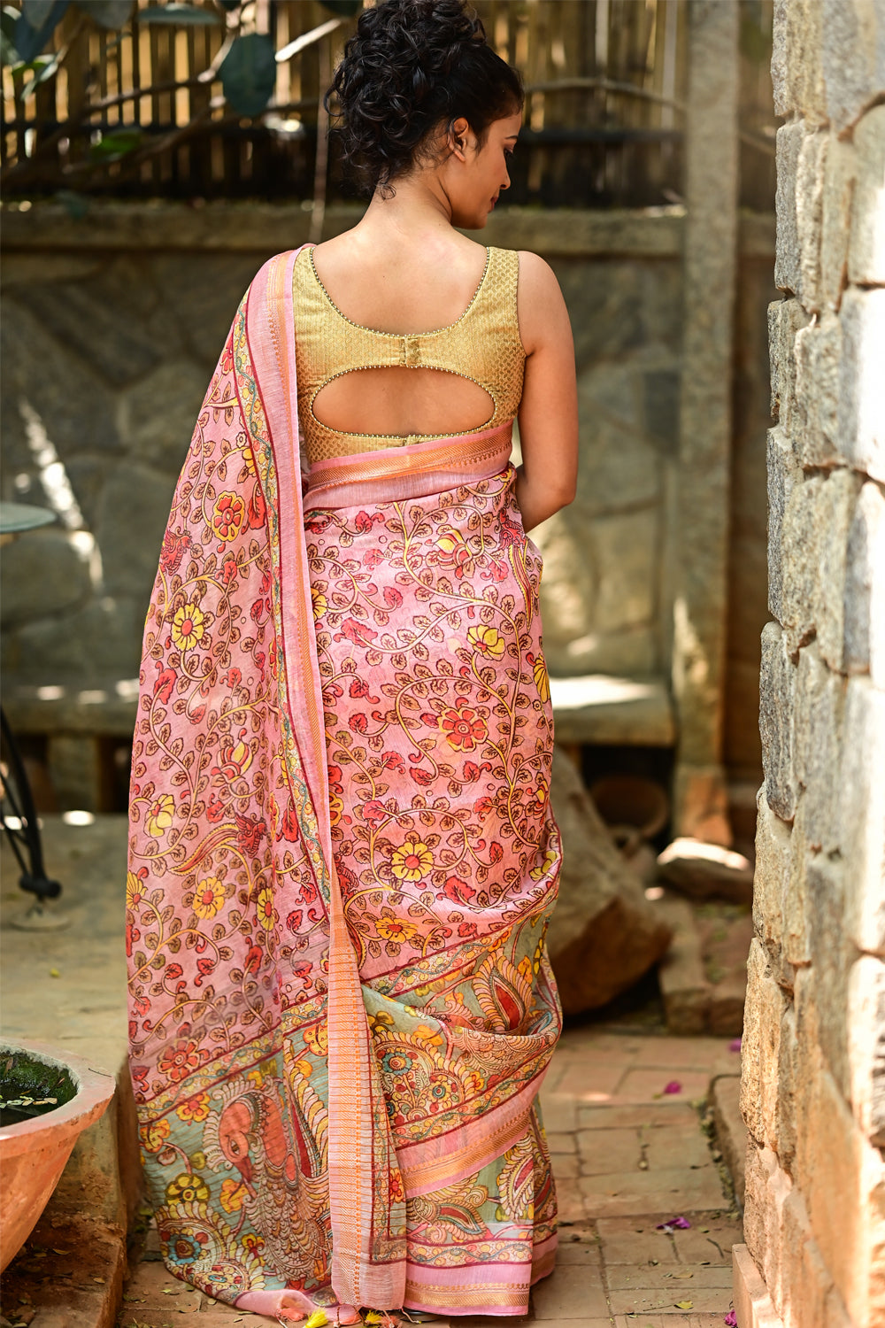 Distressed Kalamkari Digital Print on Silk Linen in Light pink - PRE-ORDER