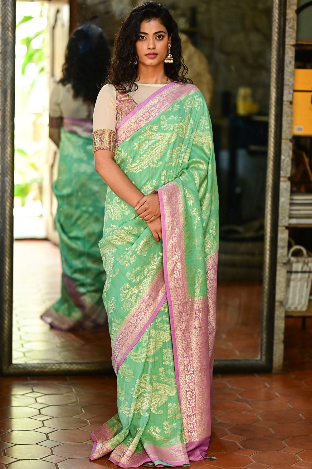 Exquisite Tussar Georgette Silk Saree in Aqua and Lavender with Silver Paisley Jaal | SILK MARK CERTIFIED: PRE-ORDER