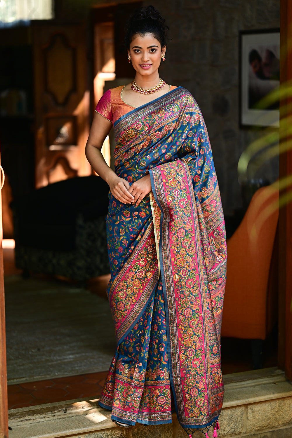 Kani Design with Floral Jaal in blue sapphire and Orange Rayon Saree: PRE-ORDER