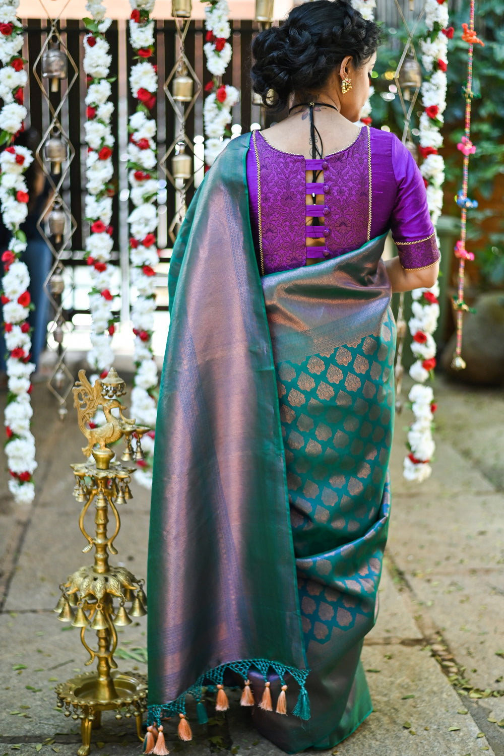 Brocade Kanjivaram Saree with Antique Gold Tone Zari on Peacock Blue Green Dual Tone | SILK MARK CERTIFIED