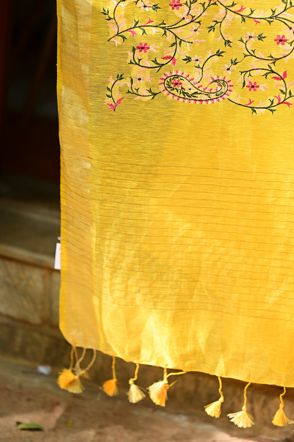 Silk Linen Saree in Yellow with Floral Jaal Embroidery : PRE-ORDER