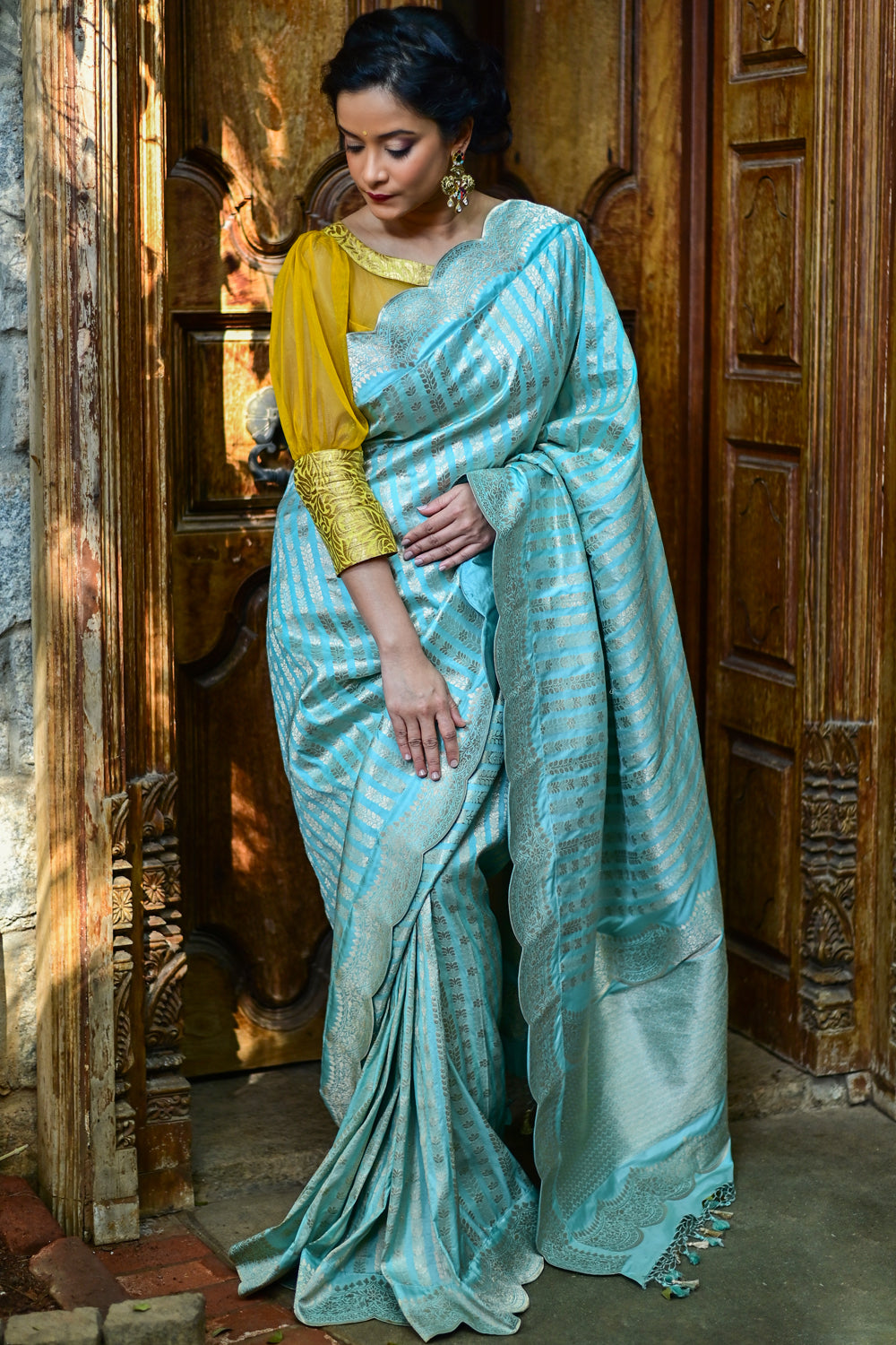 Aqua Banarasi Katan Silk Saree with Vertical Zari Stripes and Scalloped Border | SILK MARK CERTIFIED