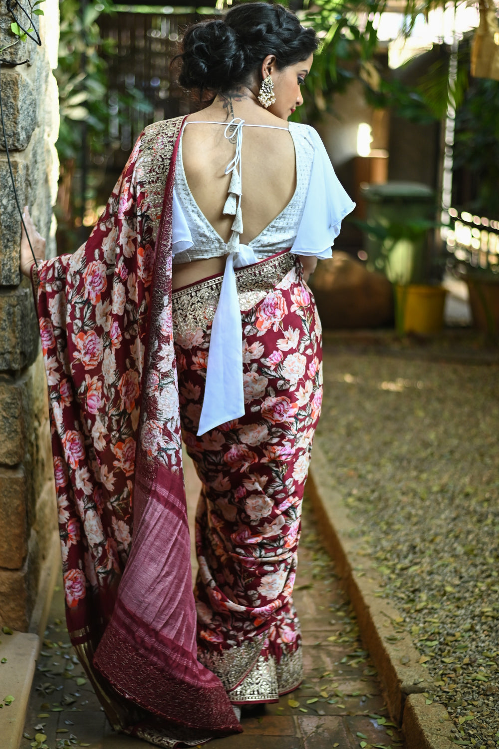 Gajji Silk Saree with Floral Print and Crushed Zari Border in Maroon