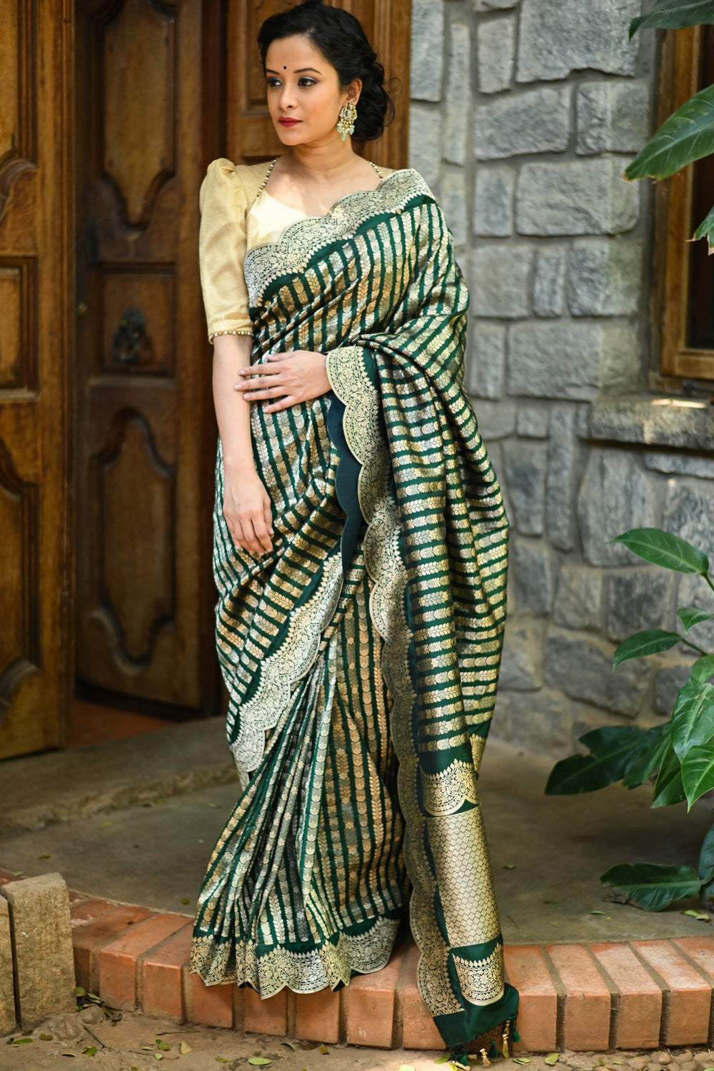 Bottle Green Banarasi Katan Silk Saree with Vertical Zari Stripes and Scalloped Border | SILK MARK CERTIFIED