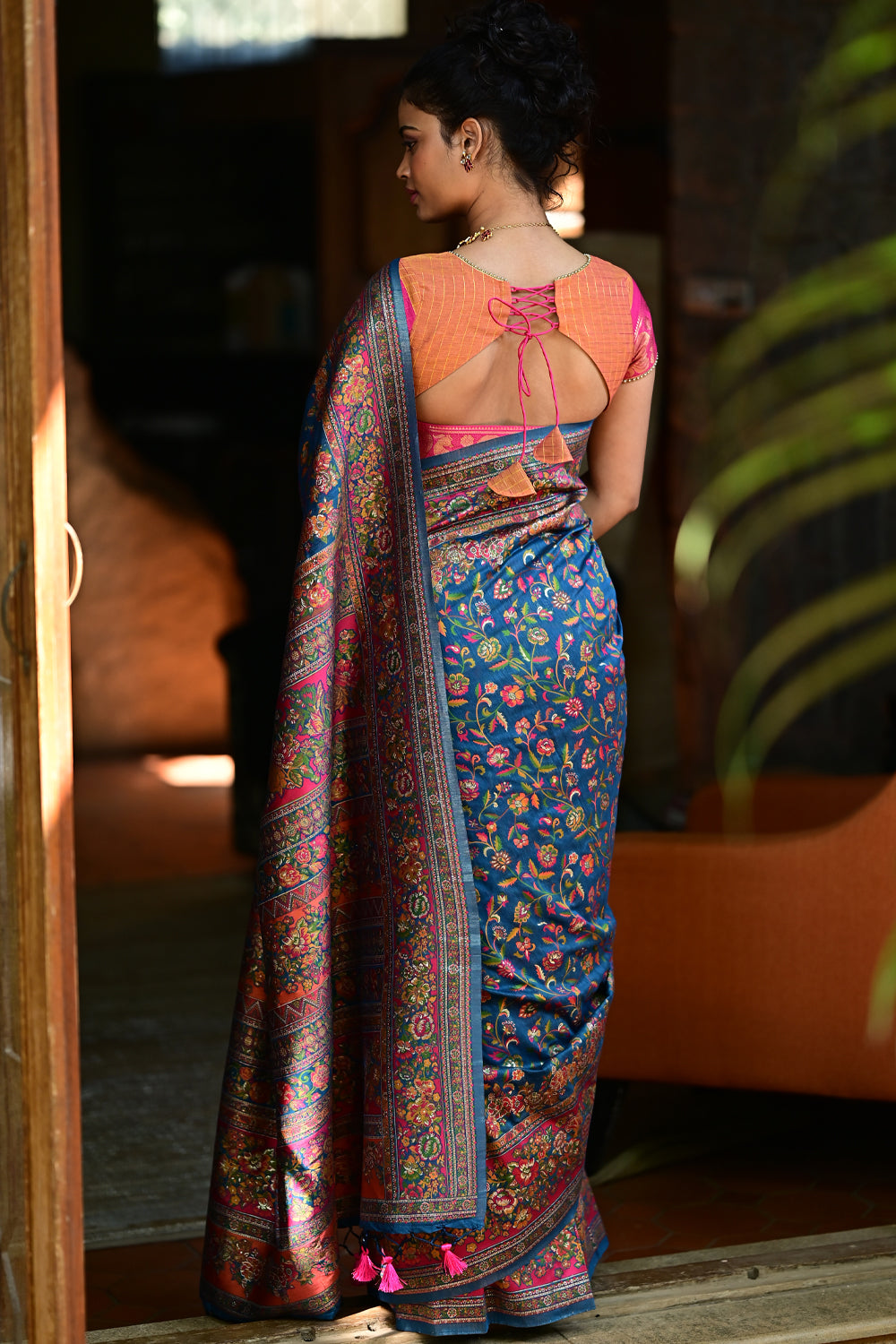Kani Design with Floral Jaal in blue sapphire and Orange Rayon Saree: PRE-ORDER