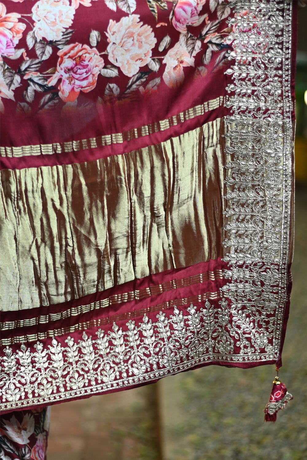 Gajji Silk Saree with Floral Print and Crushed Zari Border in Maroon