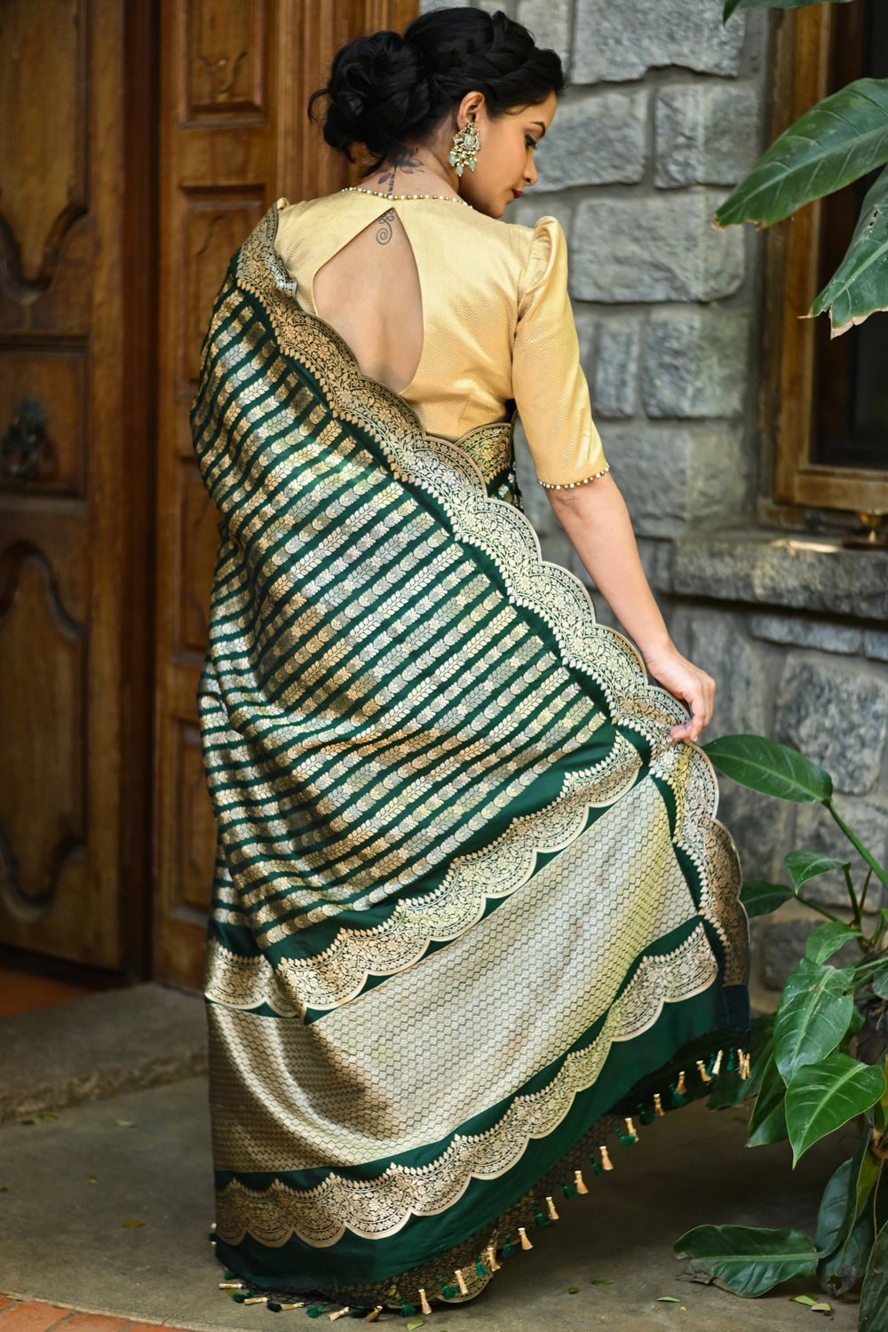 Bottle Green Banarasi Katan Silk Saree with Vertical Zari Stripes and Scalloped Border | SILK MARK CERTIFIED