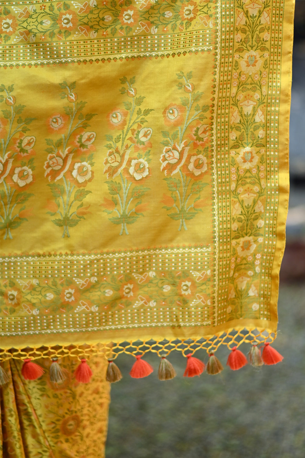 Tanchoi Floral Banarasi Saree in Pure Silk Satin in Mustard Yellow | SILK MARK CERTIFIED