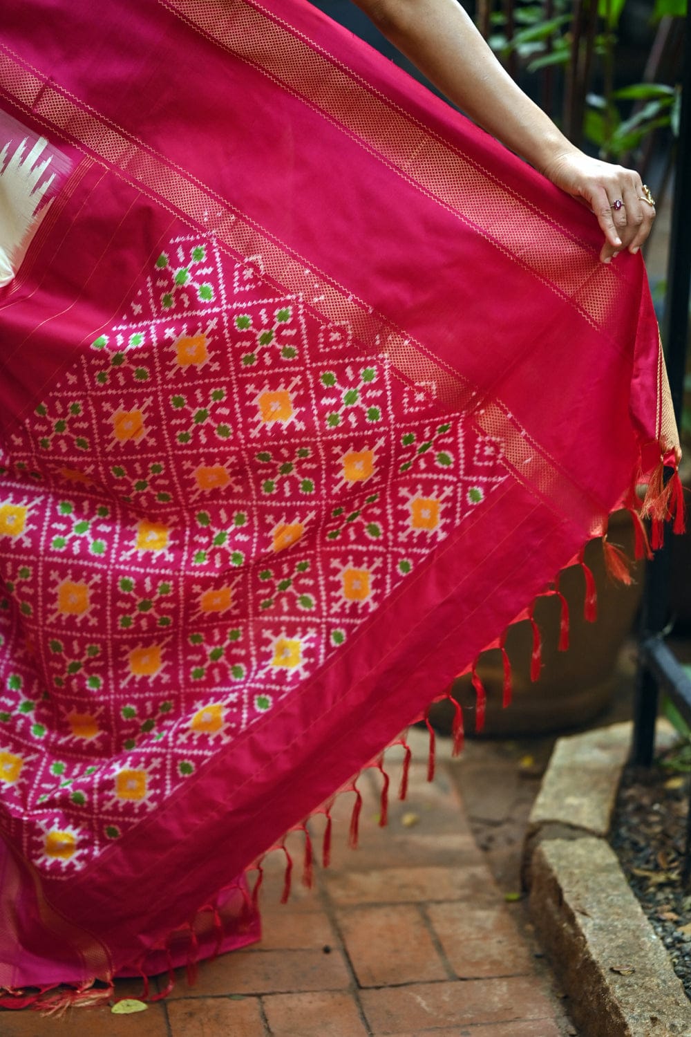 Off white pochampally pure silk saree with magenta pink border
