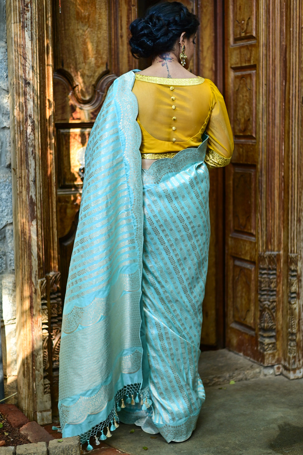 Aqua Banarasi Katan Silk Saree with Vertical Zari Stripes and Scalloped Border | SILK MARK CERTIFIED