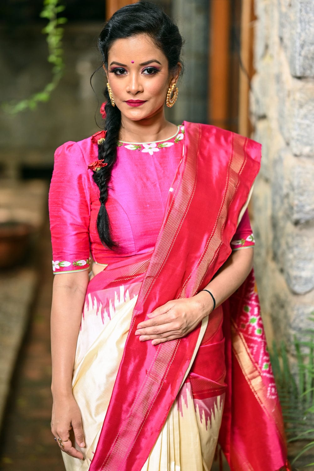Hot pink raw silk close neck blouse with handpainted and embroidered malli poovu