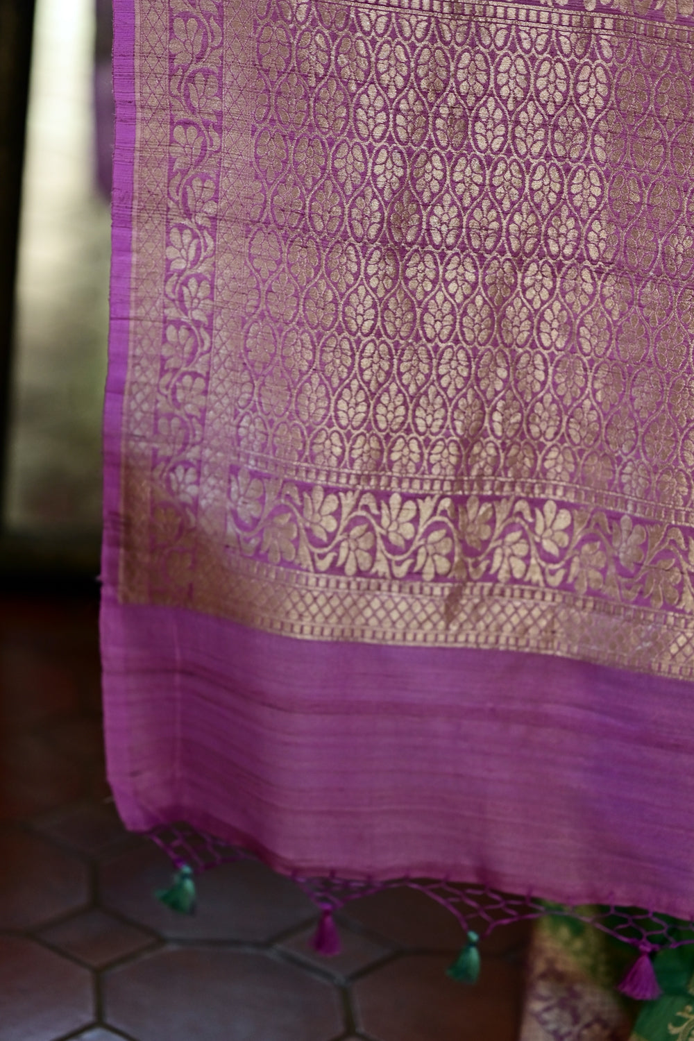 Exquisite Tussar Georgette Silk Saree in Aqua and Lavender with Silver Paisley Jaal | SILK MARK CERTIFIED: PRE-ORDER