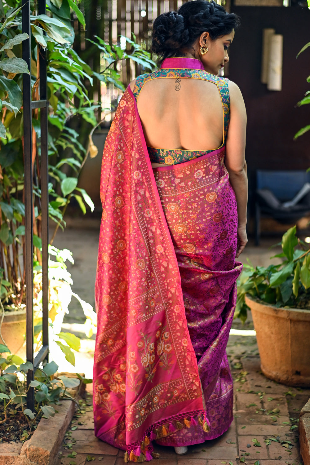 Tanchoi Floral Banarasi Saree in Pure Silk Satin in Pink | SILK MARK CERTIFIED