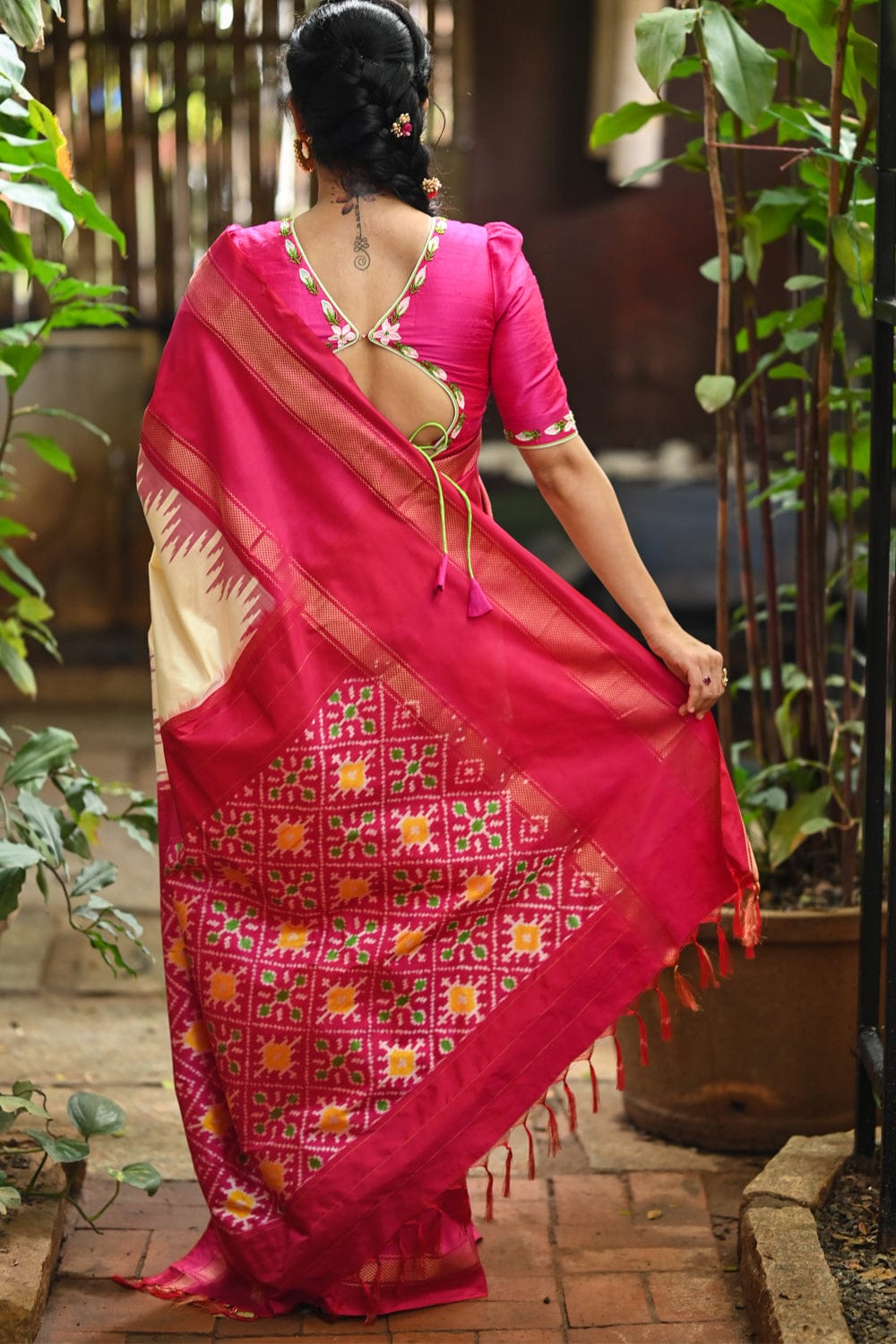 Off white pochampally pure silk saree with magenta pink border