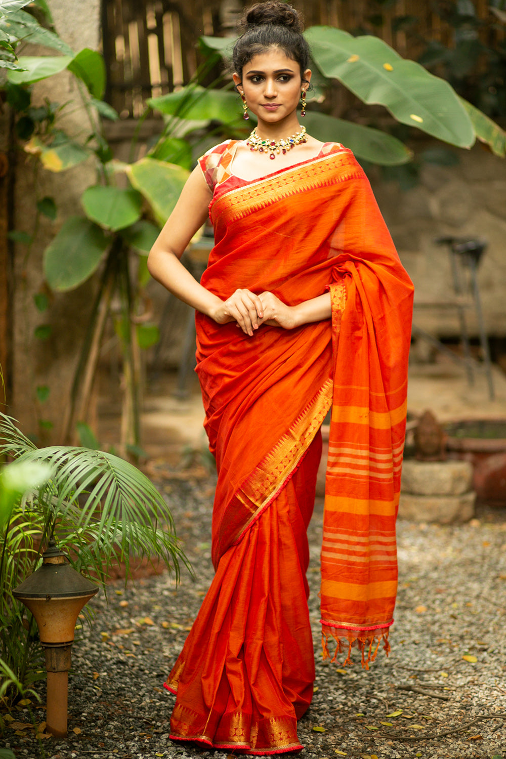 Orange Naranyanpet handloom cotton saree with zari border and orange-gold frill edging - House of Blouse