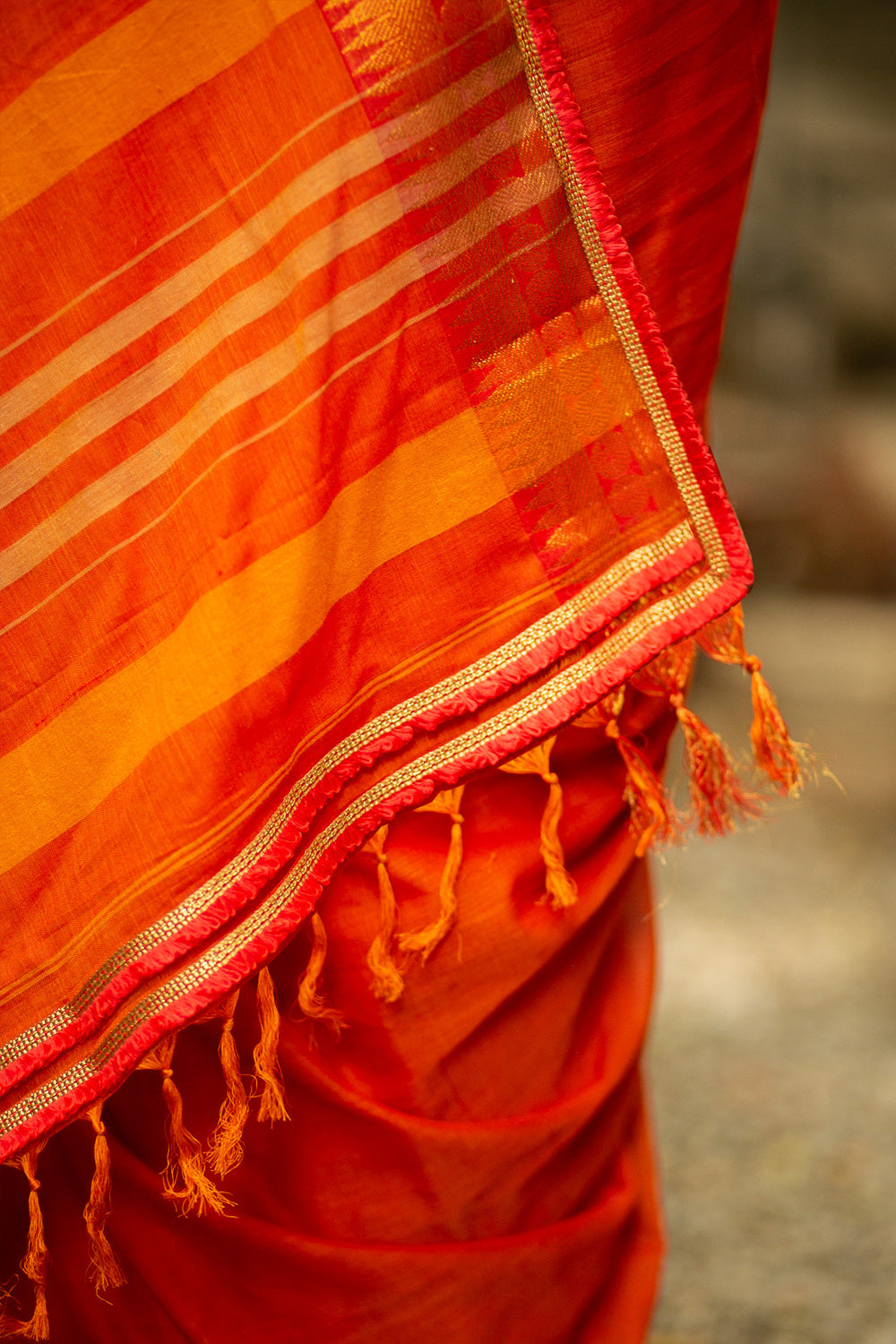 Orange Naranyanpet handloom cotton saree with zari border and orange-gold frill edging - House of Blouse