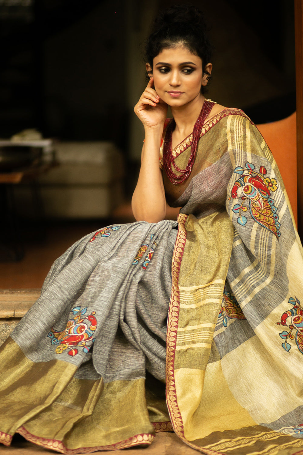 Grey Linen saree with tissue and maroon or red zari border and handpainted Kalamkari appliques - House of Blouse