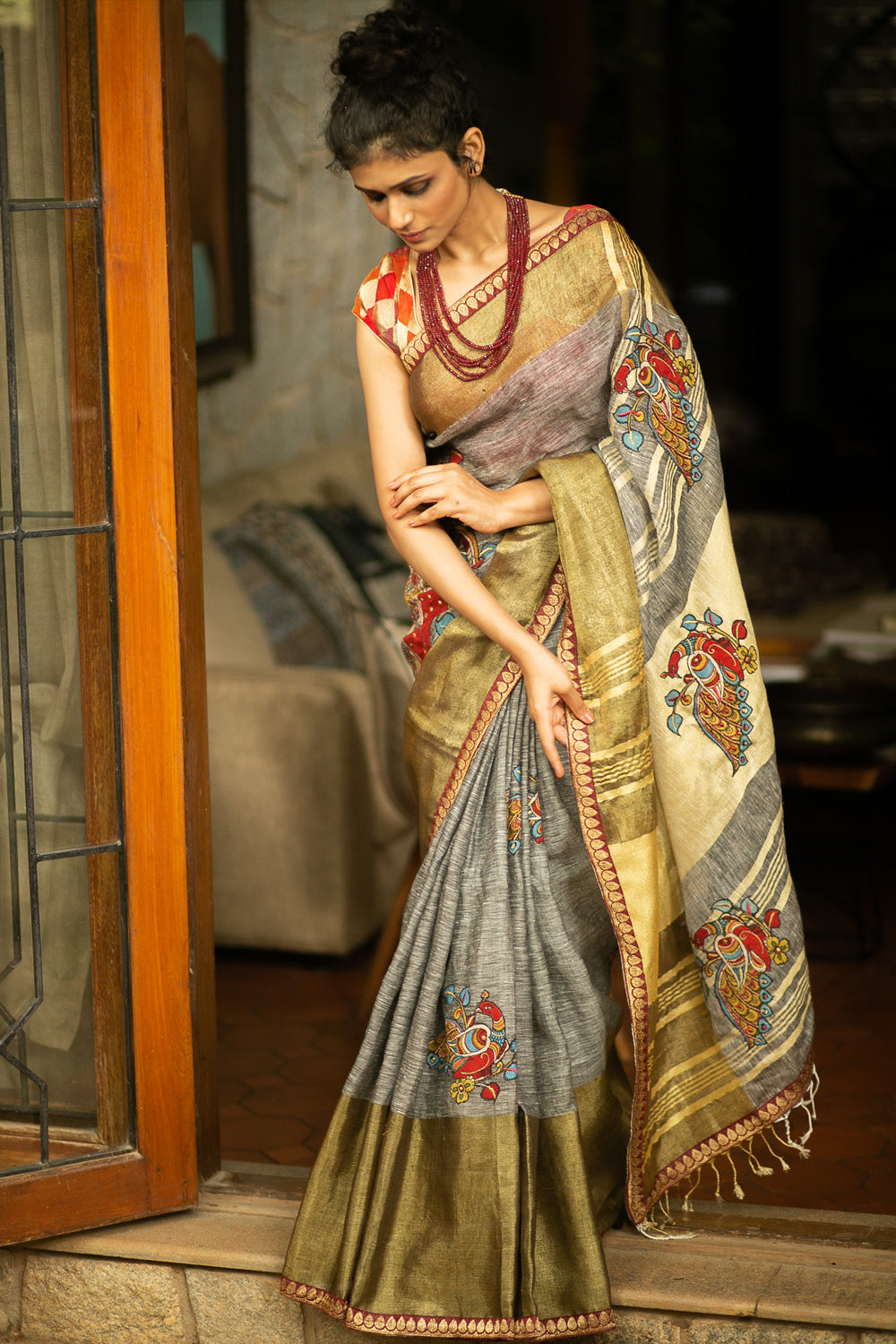 Grey Linen saree with tissue and maroon or red zari border and handpainted Kalamkari appliques - House of Blouse