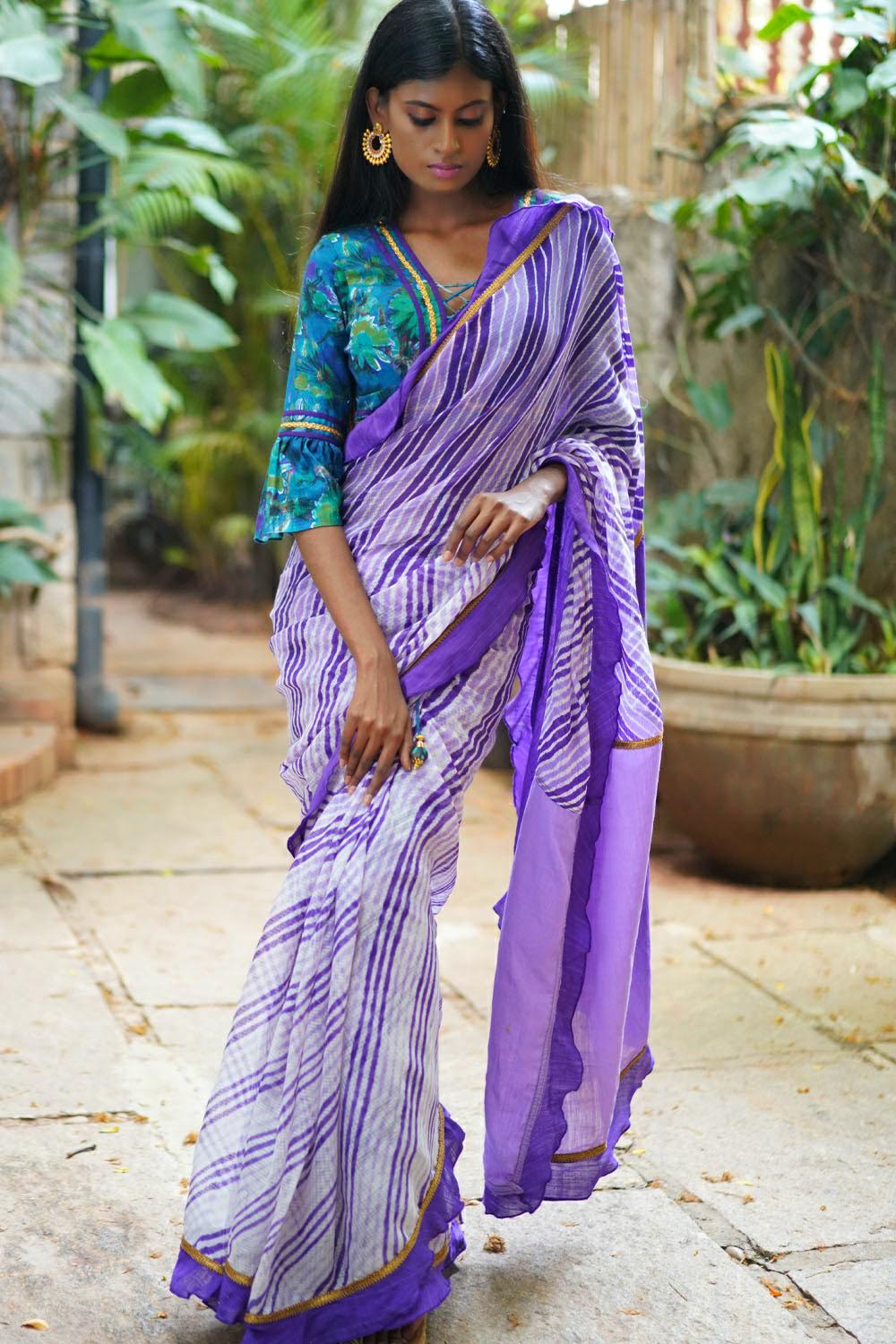 Purple and white handloom & hand dyed leheriya with ruffle saree - House of Blouse