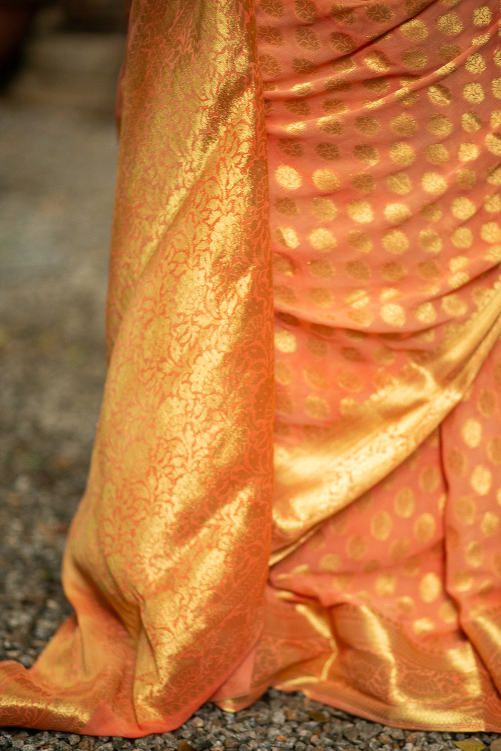 Pale orange Banarasi chiffon saree with zari buttis and zari border - House of Blouse