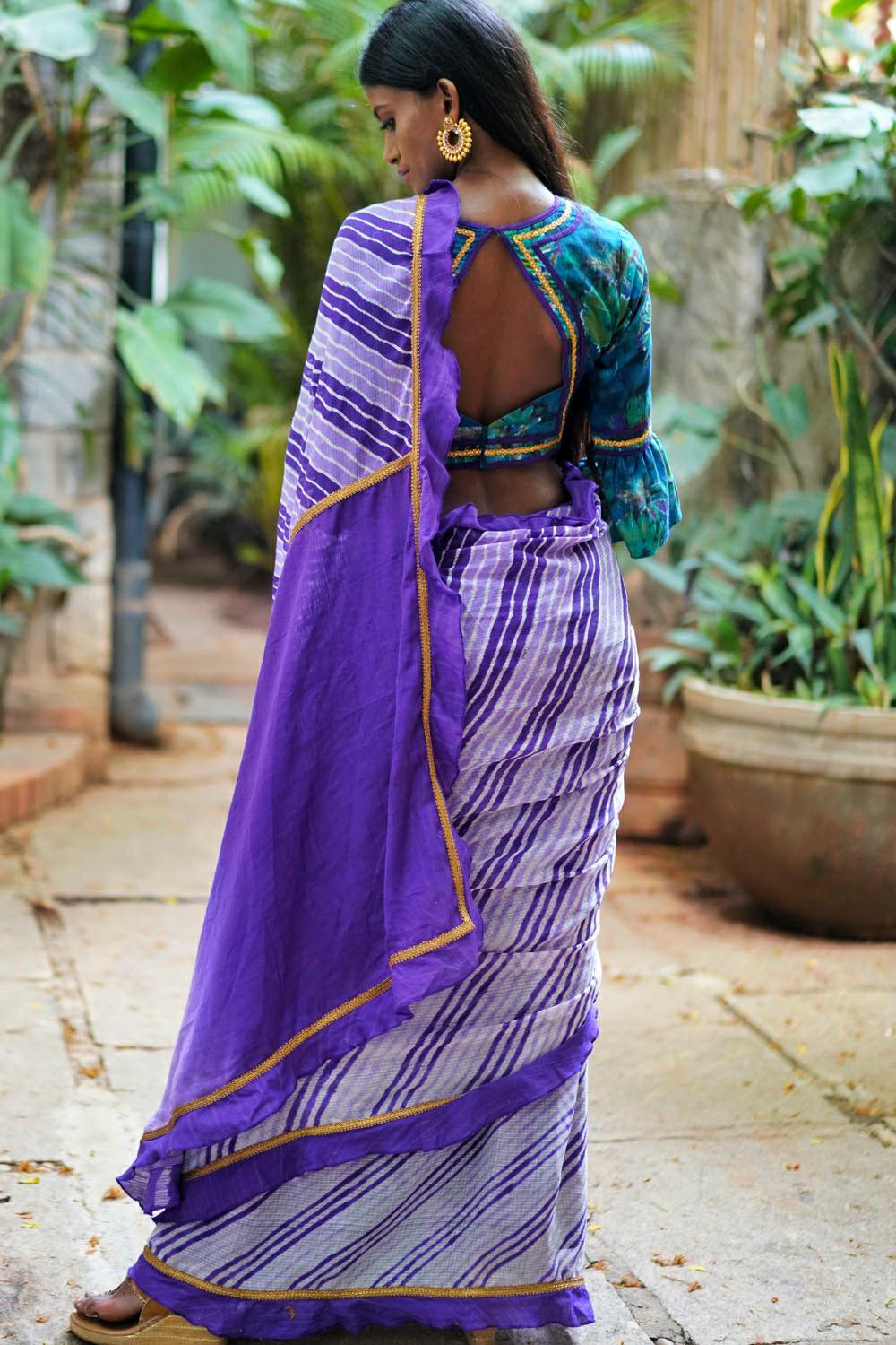 Purple and white handloom & hand dyed leheriya with ruffle saree - House of Blouse